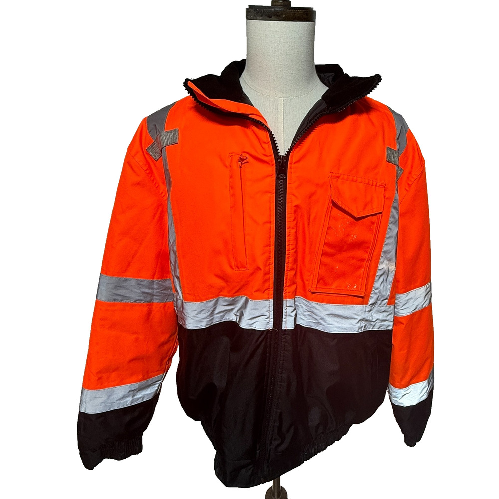 High Visibility Roadside Reflective Jacket Mens XL Orange Black Hooded‎ Quilted